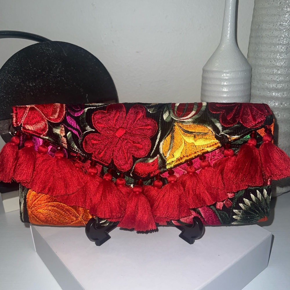 SOLD Floral Embroidered Tassel Clutch